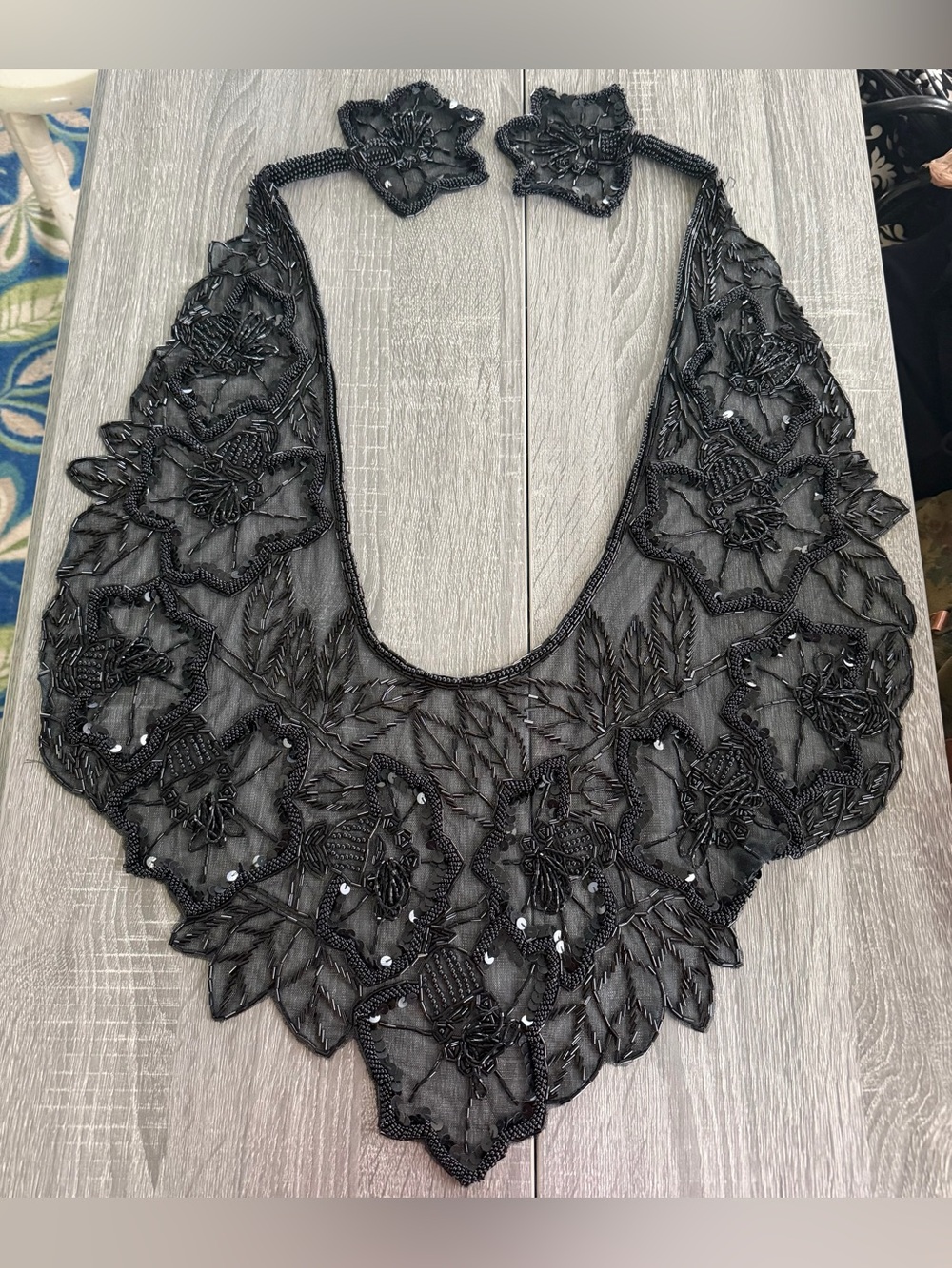 Vintage Sequin Beaded Lace Hip Wrap Collar Shoulder Shrug Shawl Applique Black